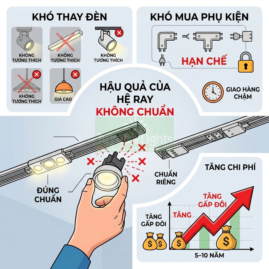 Minh họa hậu quả dùng hệ ray đèn không chuẩn, khó thay đèn, khó mua phụ kiện và làm tăng chi phí lắp đặt chiếu sáng