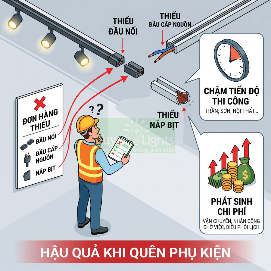 Minh họa hệ thống đèn ray chiếu sáng thiếu đầu nối, đầu cấp nguồn và nắp bịt gây chậm tiến độ, tăng chi phí thi công
