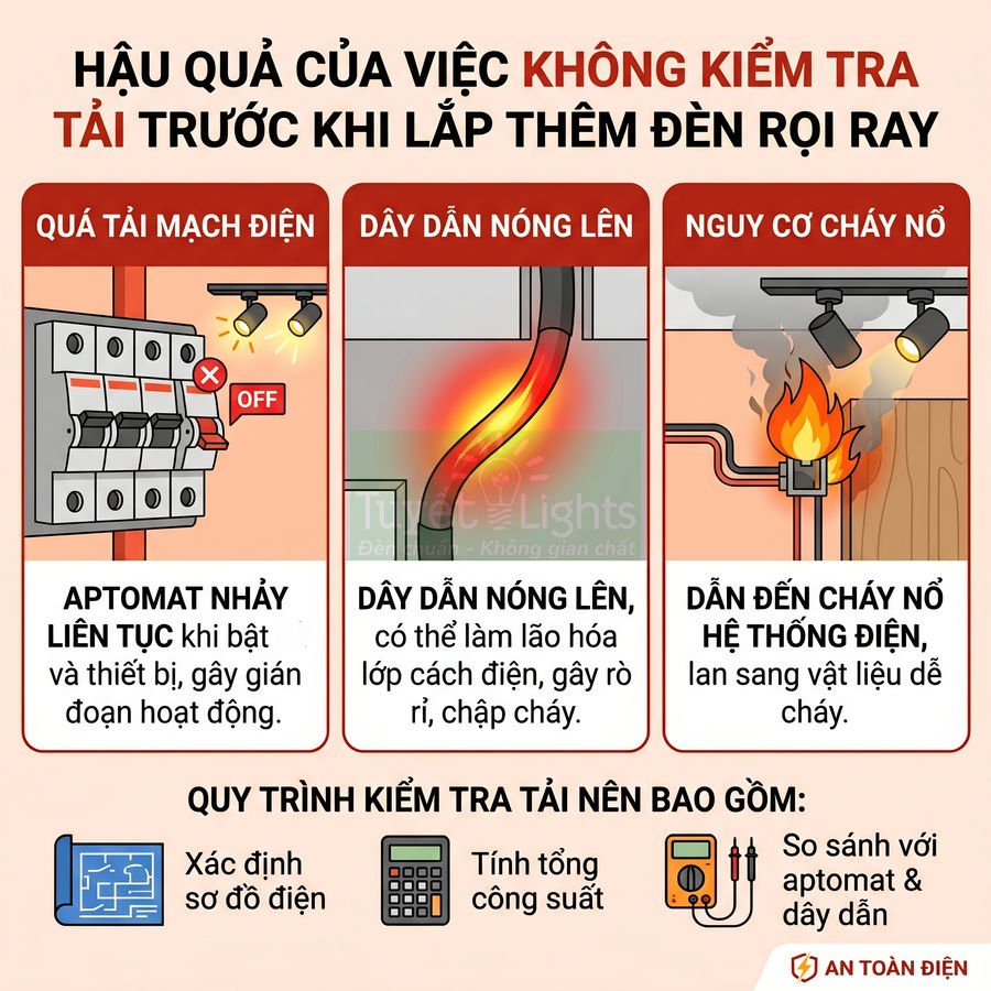 Infographic hậu quả không kiểm tra tải khi lắp thêm đèn rọi ray và quy trình kiểm tra an toàn điện