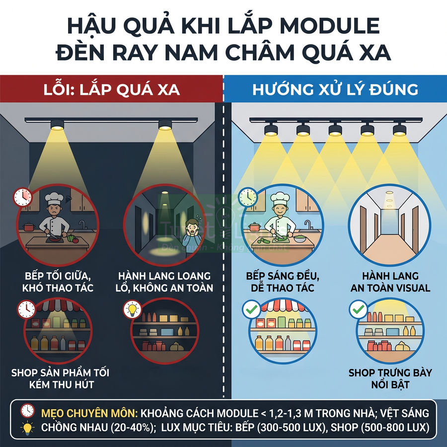 Infographic hướng dẫn lắp module đèn ray nam châm đúng khoảng cách cho bếp, hành lang và shop trưng bày
