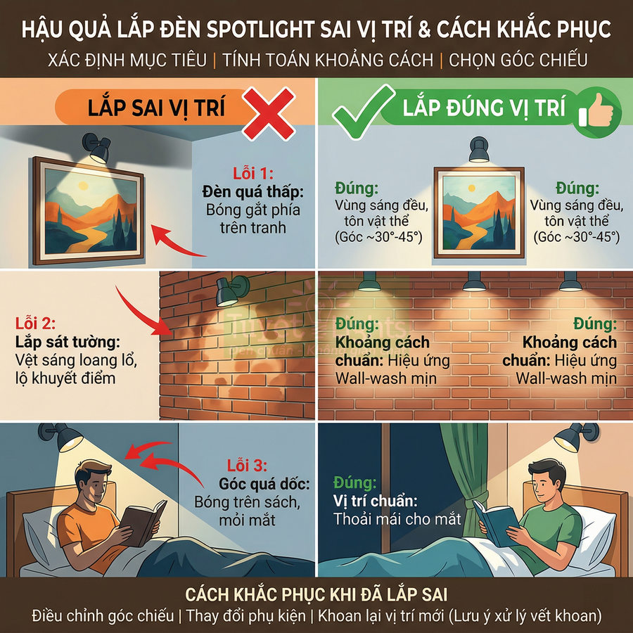 Minh họa cách lắp đèn spotlight đúng và sai vị trí khi chiếu tranh tường, tường gạch và đèn đọc sách trong phòng ngủ