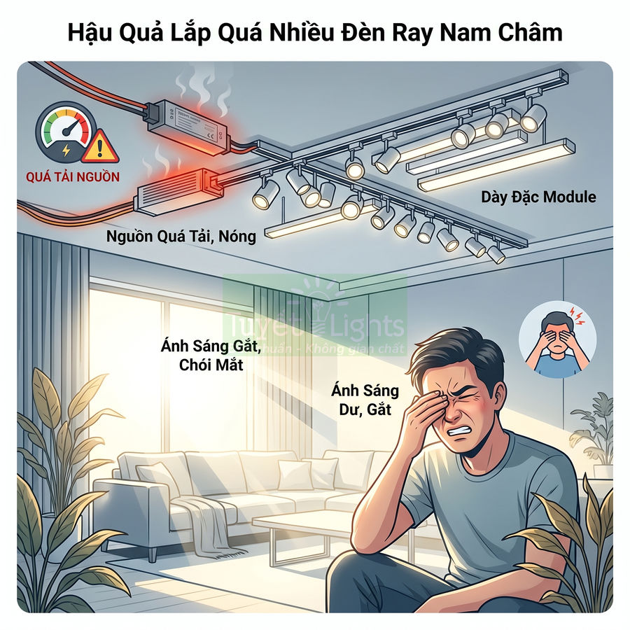 Hậu quả lắp quá nhiều đèn ray nam châm trong phòng khách gây chói mắt, nguồn quá tải nóng và khó chịu
