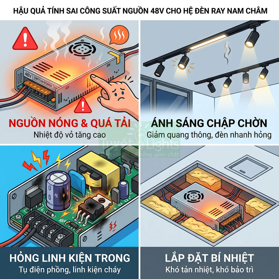 Nguồn điện 48V cho đèn ray nam châm bị quá tải, nóng, linh kiện cháy và lắp đặt bí nhiệt gây ánh sáng chập chờn