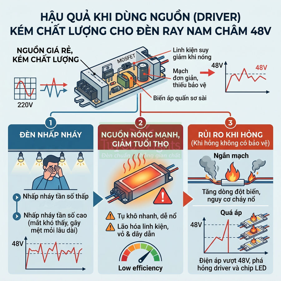 Infographic hậu quả dùng nguồn driver kém chất lượng cho đèn ray nam châm 48V như nhấp nháy, nóng, cháy nổ