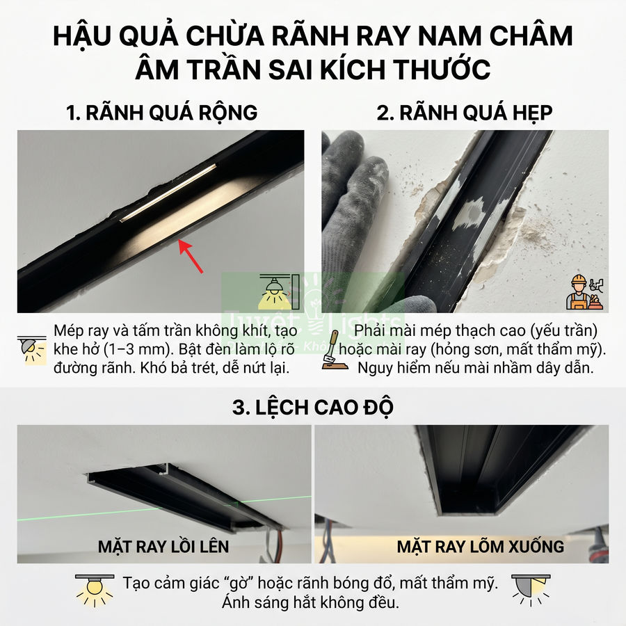 Minh họa lỗi thi công rãnh ray nam châm âm trần sai kích thước và lệch cao độ gây mất thẩm mỹ