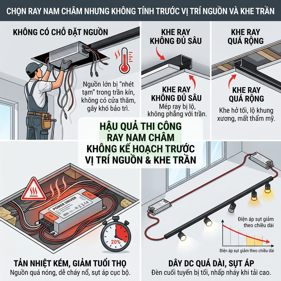 Minh họa lỗi thi công ray đèn nam châm, vị trí nguồn và khe trần sai khiến tản nhiệt kém, dây DC dài gây sụt áp
