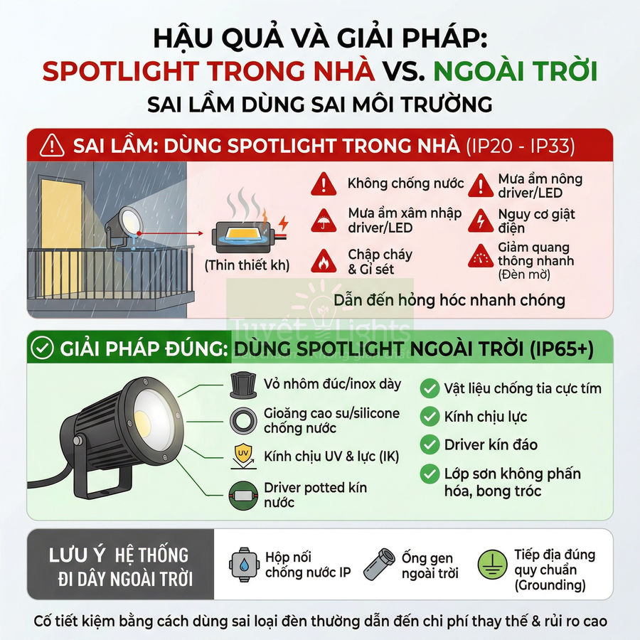 Infographic so sánh spotlight trong nhà và spotlight ngoài trời IP65 chống nước, chống tia UV, dùng cho lắp đặt ngoài trời