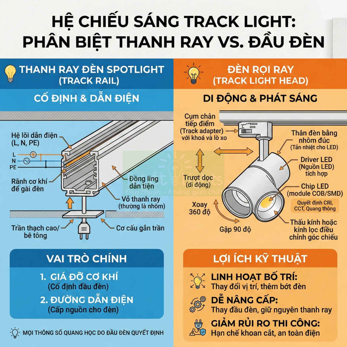 Sơ đồ cấu tạo và vai trò của thanh ray đèn spotlight và đầu đèn rọi ray trong hệ chiếu sáng track light