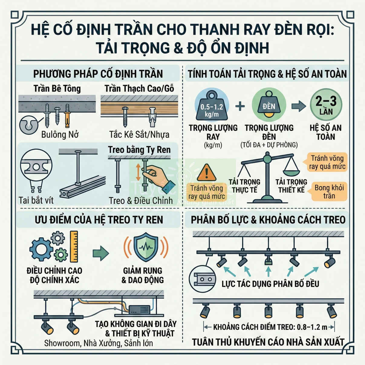 Hệ cố định trần cho thanh ray đèn rọi bằng ty ren, hướng dẫn tải trọng và khoảng cách treo an toàn