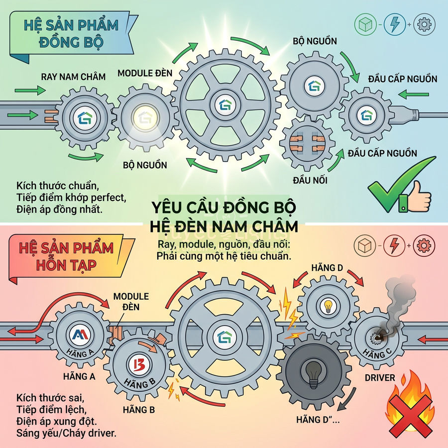 So sánh hệ đèn nam châm đồng bộ và hỗn tạp, minh họa ray, module đèn, bộ nguồn và hậu quả chập cháy