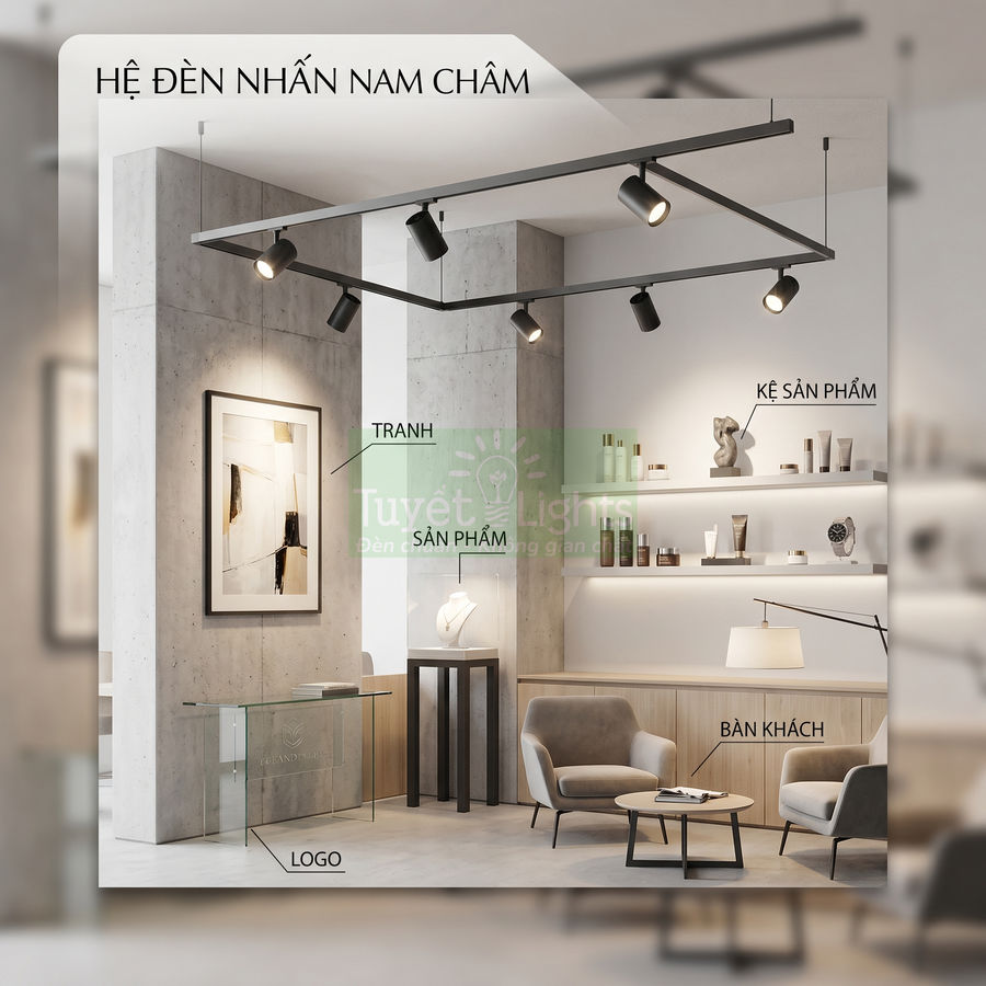 Hệ đèn nhấn nam châm chiếu sáng trần nhà hiện đại trong phòng trưng bày nội thất cao cấp