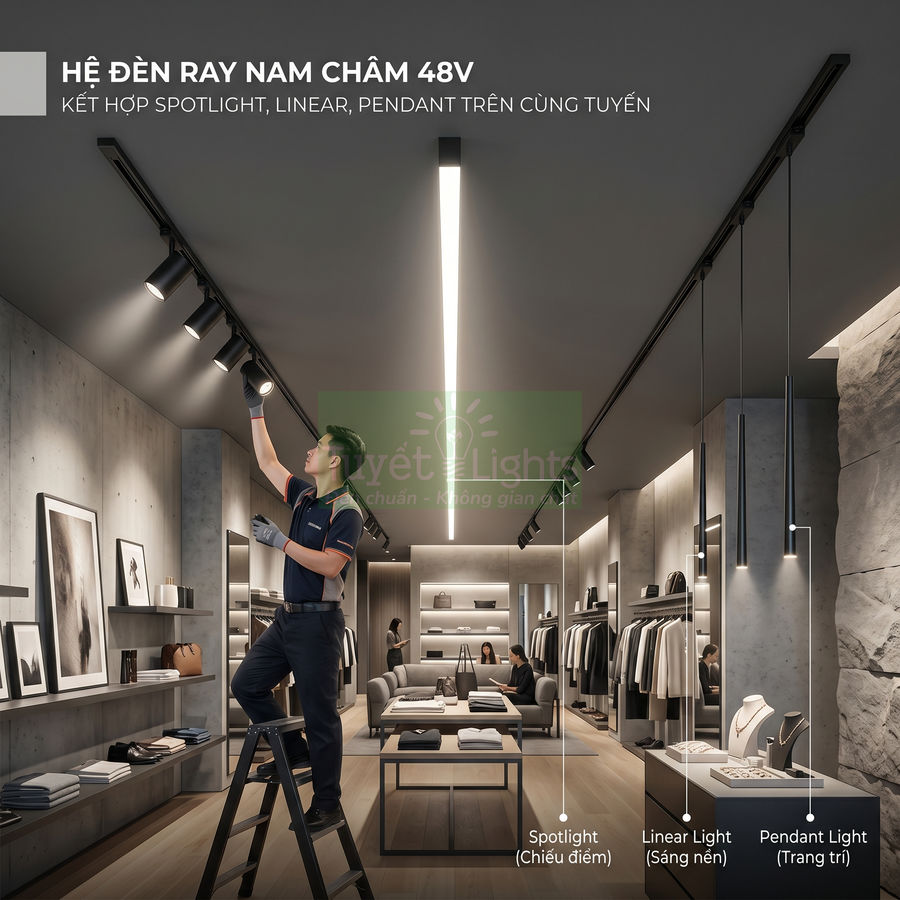 Hệ đèn ray nam châm 48V kết hợp spotlight, linear và pendant chiếu sáng cửa hàng thời trang hiện đại