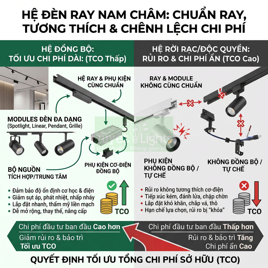 So sánh hệ đèn ray nam châm đồng bộ và rời rạc, minh họa cấu tạo ray, module đèn và phụ kiện điện