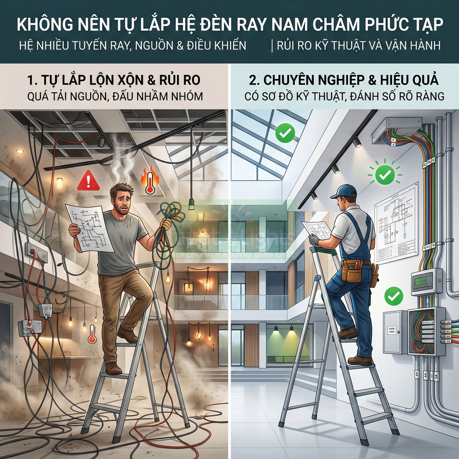 So sánh tự lắp và thợ chuyên nghiệp thi công hệ đèn ray nam châm trong không gian nội thất hiện đại