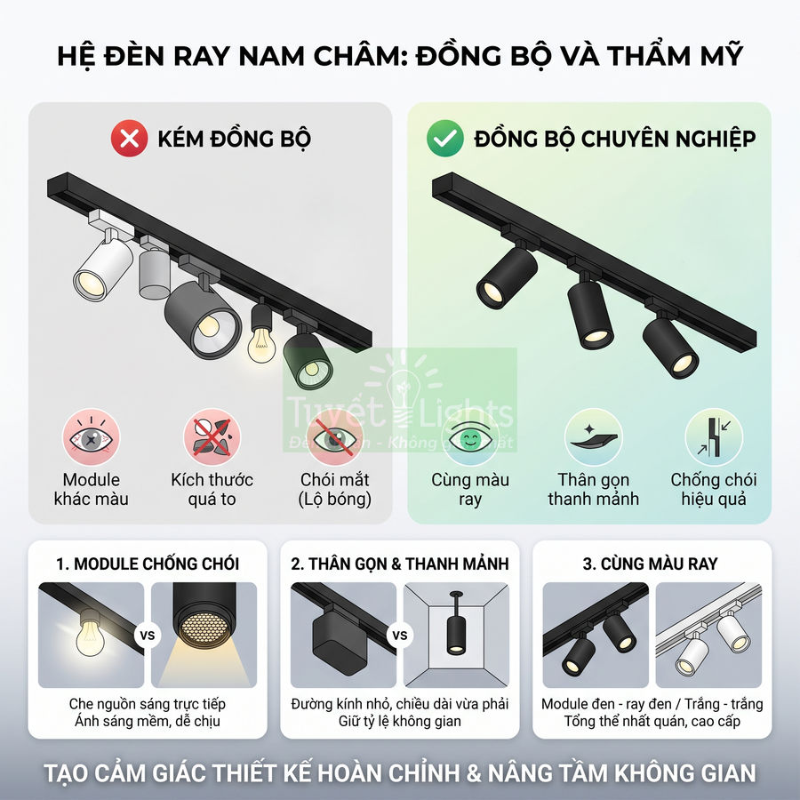 Hệ đèn ray nam châm Tuyết Lights với module đồng bộ, thân gọn chống chói, cùng màu ray nâng thẩm mỹ không gian