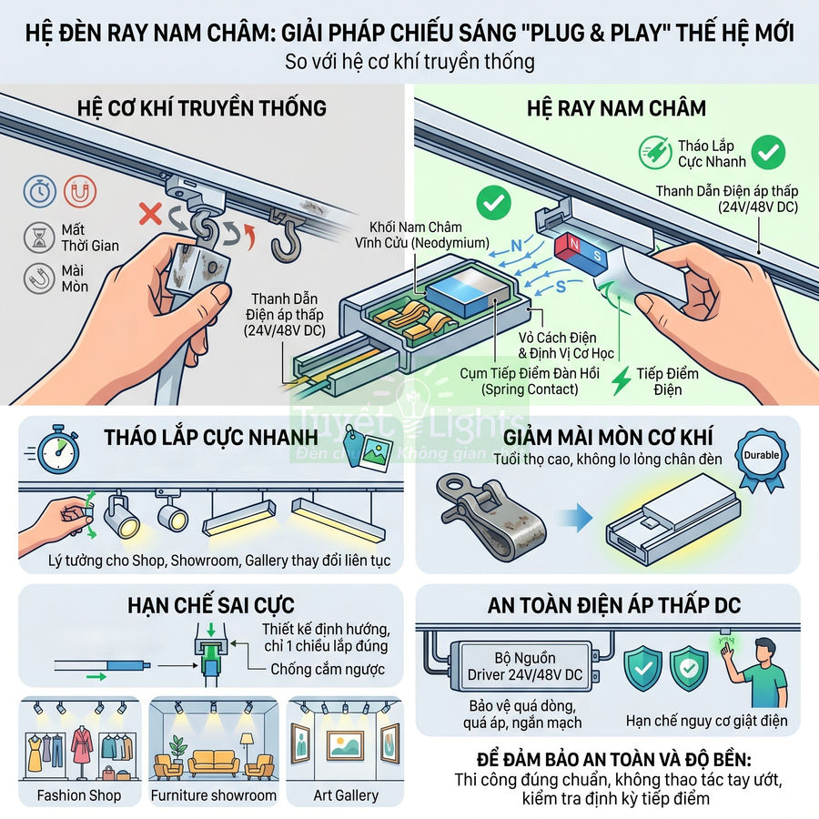 Hệ đèn ray nam châm plug and play, dễ tháo lắp, giảm mài mòn, an toàn điện áp thấp cho shop và showroom