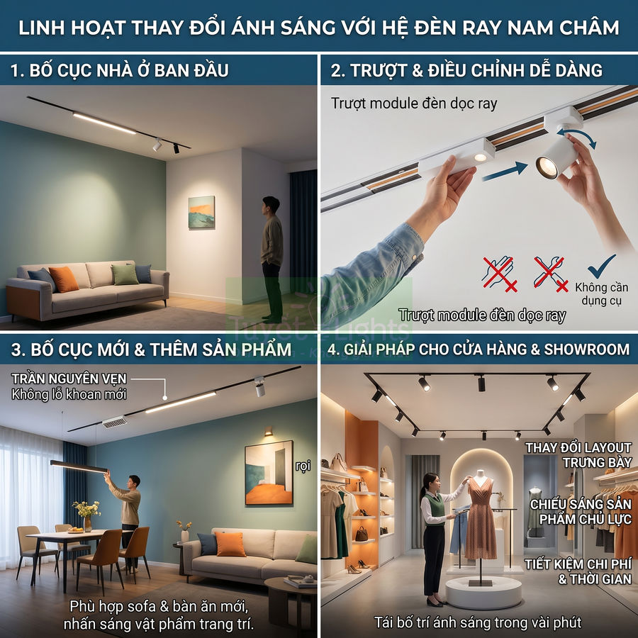 Hệ đèn ray nam châm trượt điều chỉnh linh hoạt cho phòng khách và cửa hàng thời trang