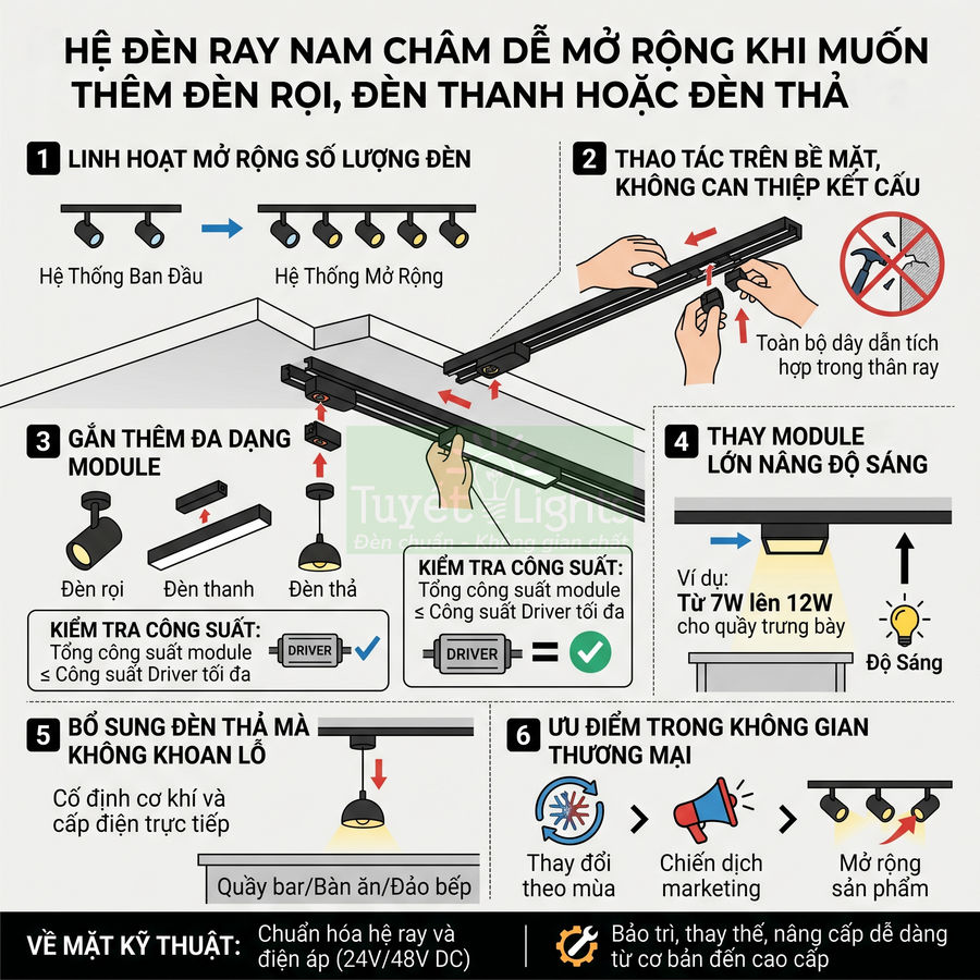 Hệ đèn ray nam châm Tuyết Lights dễ mở rộng thêm đèn rọi, đèn thanh, đèn thả cho không gian thương mại