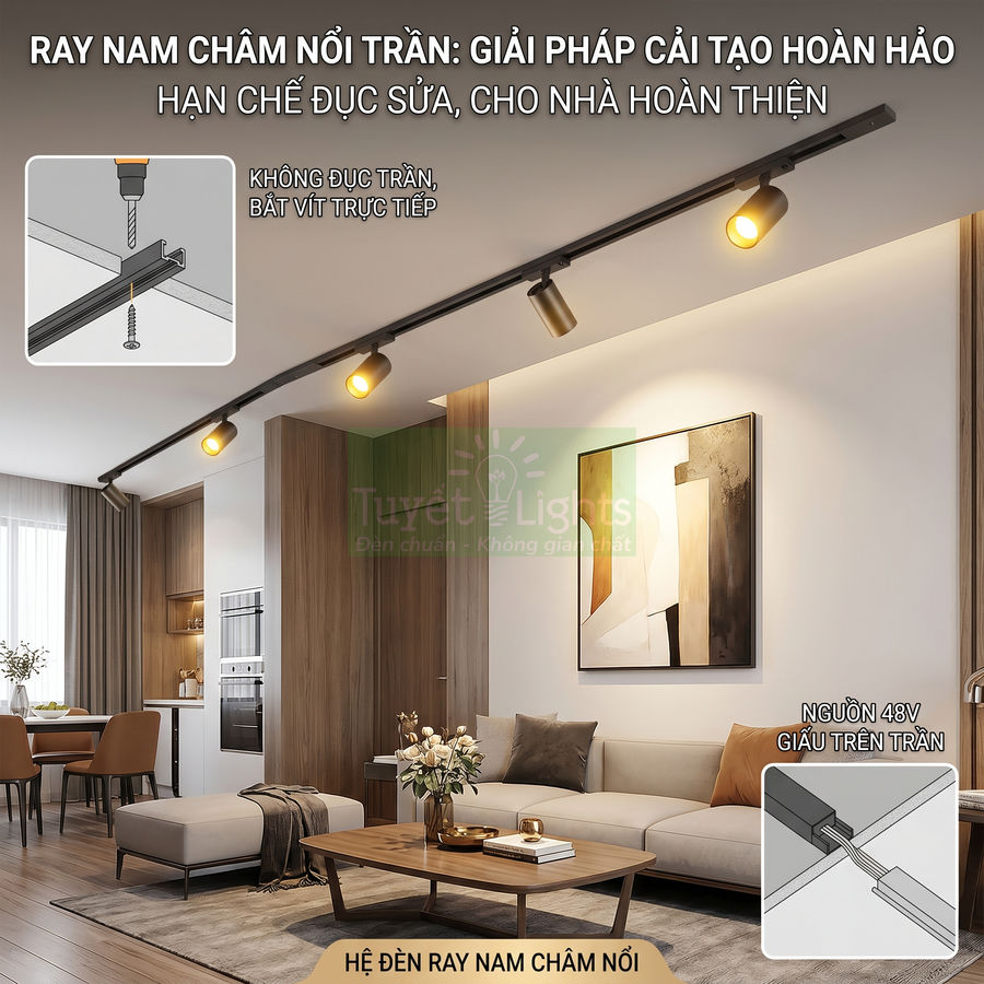 Hệ đèn ray nam châm nổi trần chiếu sáng phòng khách hiện đại, lắp đặt không đục trần