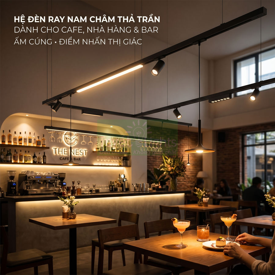 Hệ đèn ray nam châm thả trần chiếu sáng quầy bar và bàn gỗ trong quán cafe ấm cúng