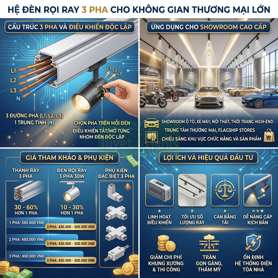 Hệ đèn rọi ray 3 pha cho showroom ô tô xe máy thời trang, cấu trúc ray và phụ kiện chi tiết