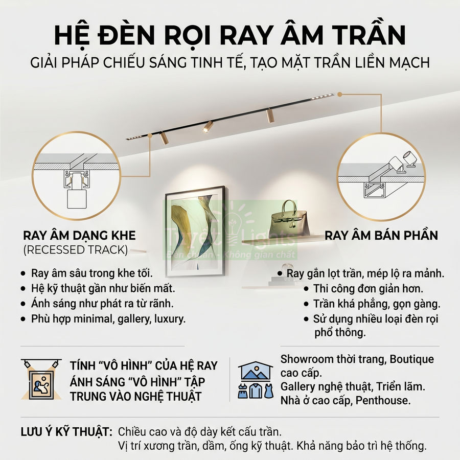 Hệ đèn rọi ray âm trần chiếu sáng tranh và kệ trưng bày trong không gian nội thất hiện đại