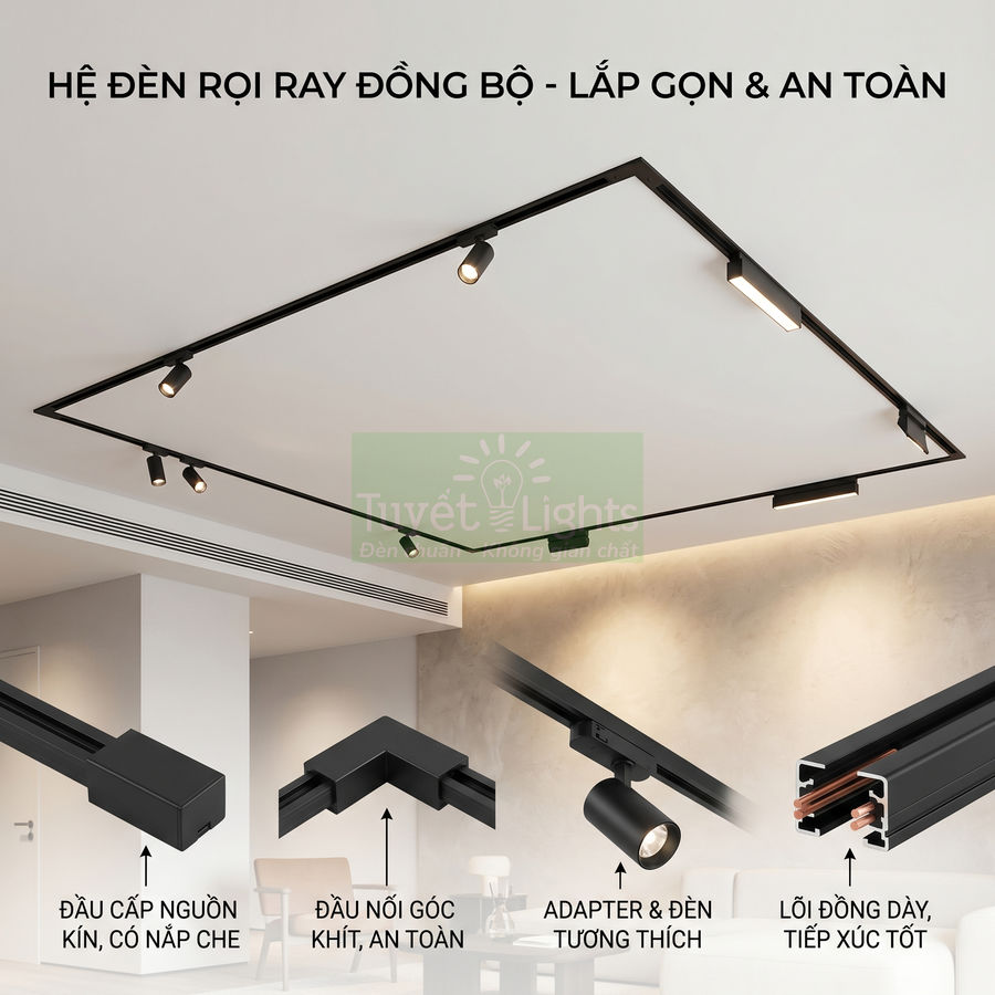 Hệ đèn rọi ray đồng bộ Tuyết Lights màu đen lắp nổi trên trần phòng khách hiện đại
