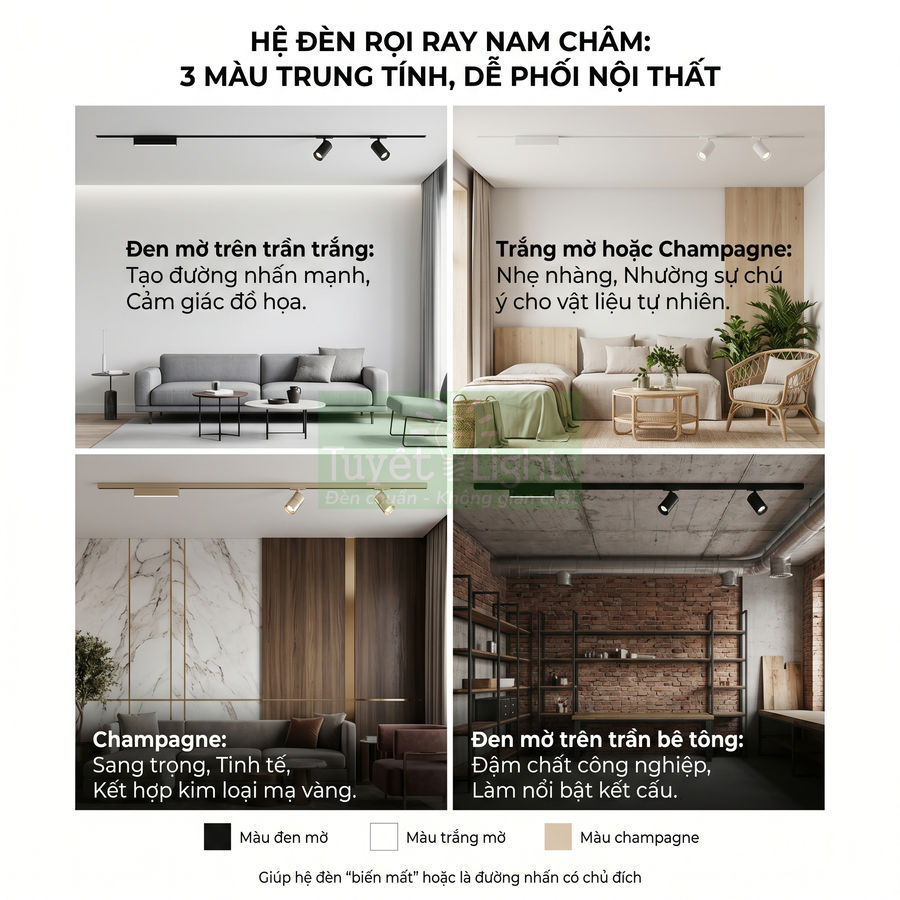 Hệ đèn rọi ray nam châm 3 màu trung tính lắp trần cho phòng khách, phòng ngủ và không gian nội thất hiện đại