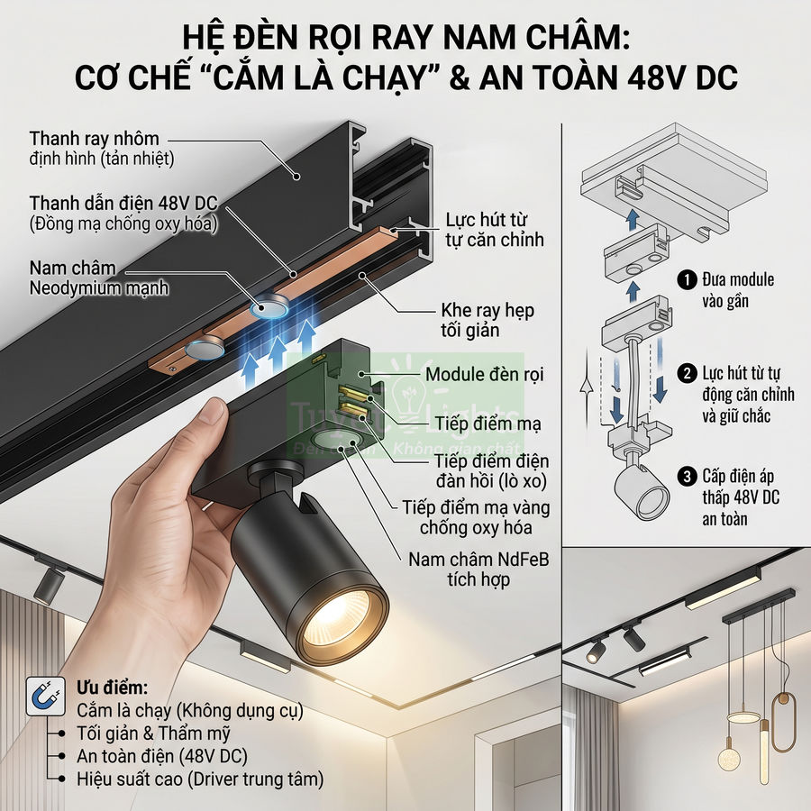 Đèn rọi ray nam châm 48V DC màu đen lắp trần, cơ chế cắm là chạy, chiếu sáng nội thất hiện đại