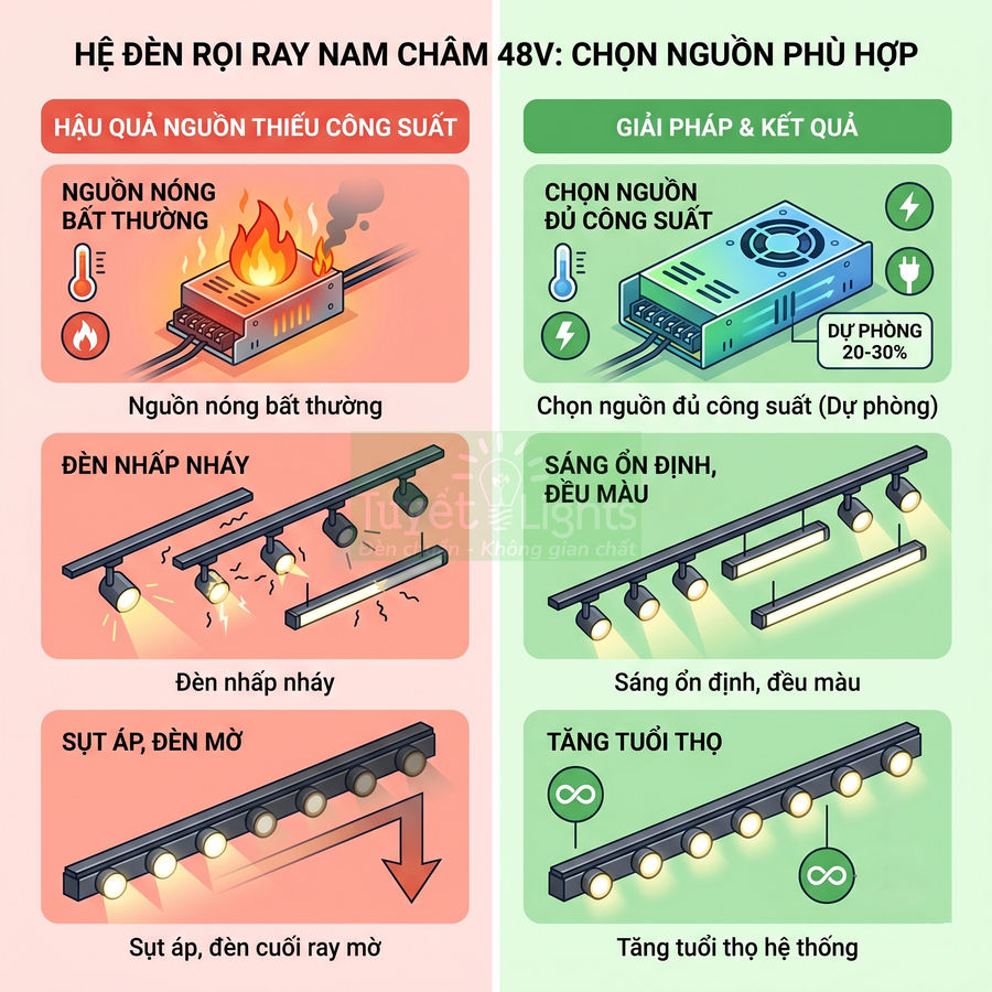 Hệ đèn rọi ray nam châm 48V và nguồn điện, so sánh hậu quả thiếu công suất và lợi ích chọn nguồn phù hợp