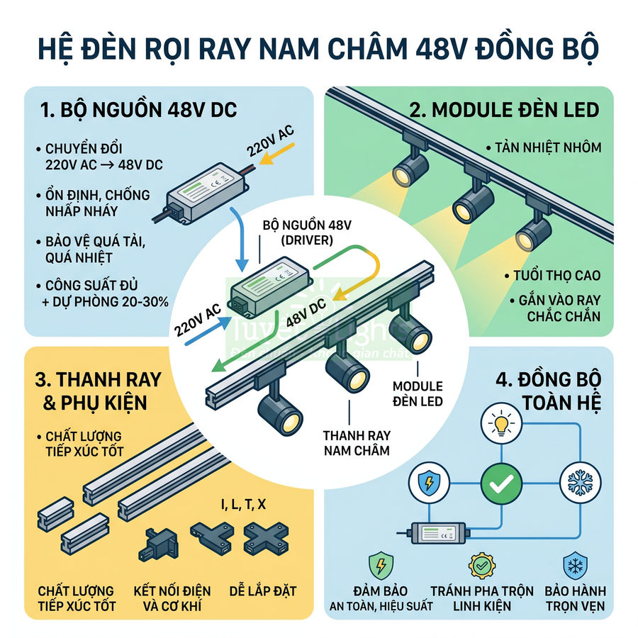 Hệ đèn rọi ray nam châm 48V đồng bộ với bộ nguồn 48V DC, module đèn LED và thanh ray phụ kiện