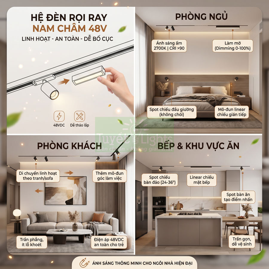 Hệ đèn rọi ray nam châm 48V chiếu sáng phòng ngủ, phòng khách, bếp và khu vực ăn hiện đại