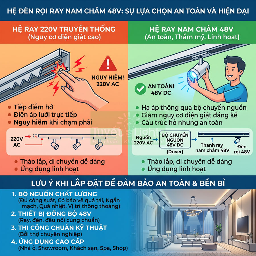 Đèn rọi ray nam châm có an toàn không? Giải thích về nguồn 48V