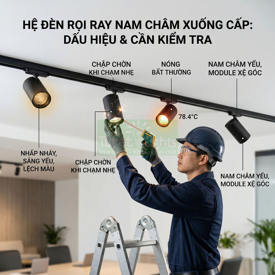 Kỹ thuật viên kiểm tra hệ đèn rọi ray nam châm trong nhà với các dấu hiệu xuống cấp và quá nhiệt