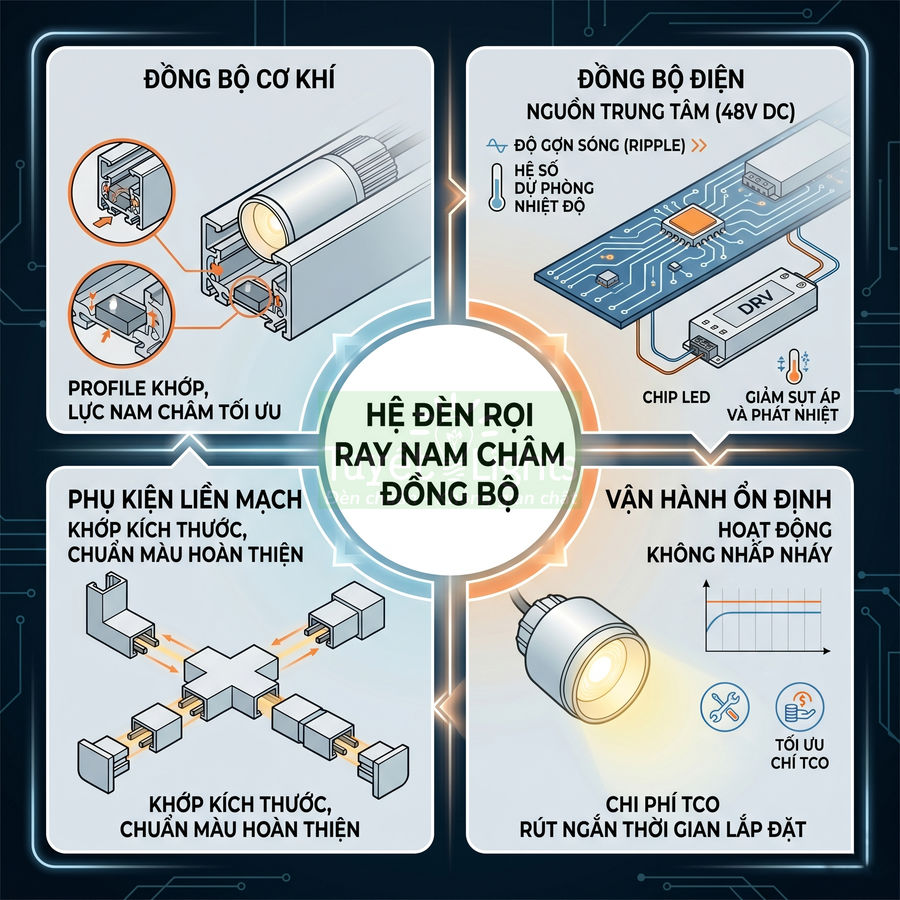 Hệ đèn rọi ray nam châm đồng bộ với cấu tạo ray, chip LED, phụ kiện nối ray và đèn chiếu sáng ổn định