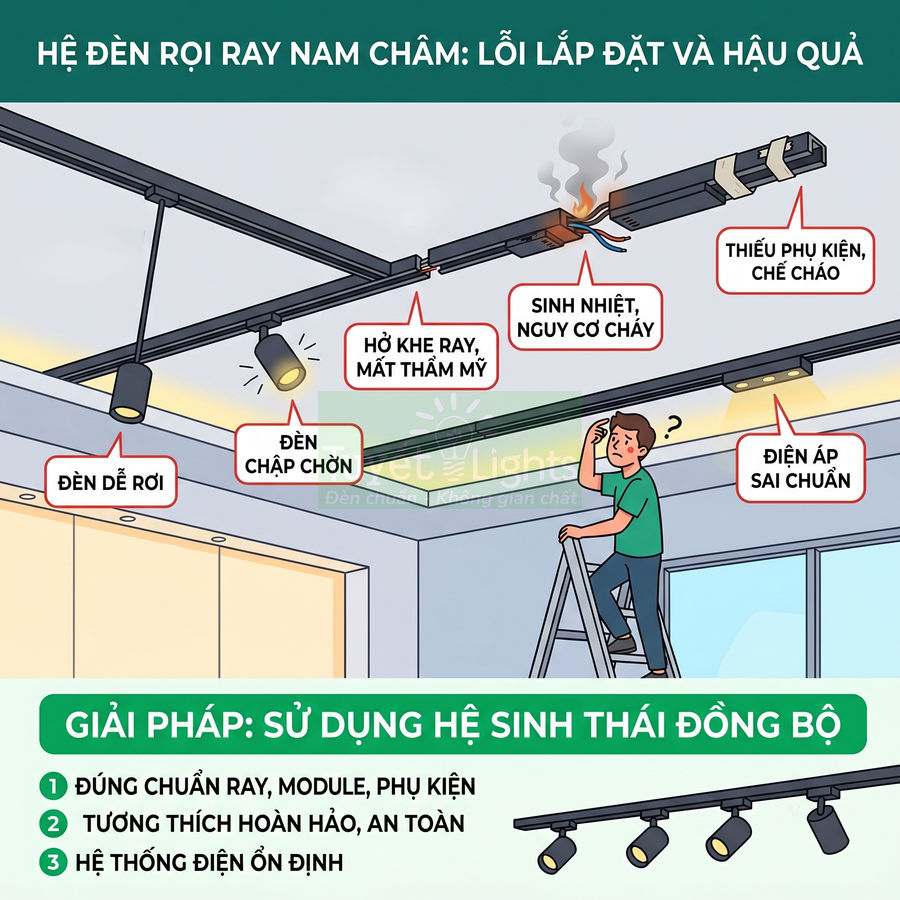 Minh họa lỗi lắp đặt hệ đèn rọi ray nam châm và giải pháp dùng hệ sinh thái đồng bộ an toàn