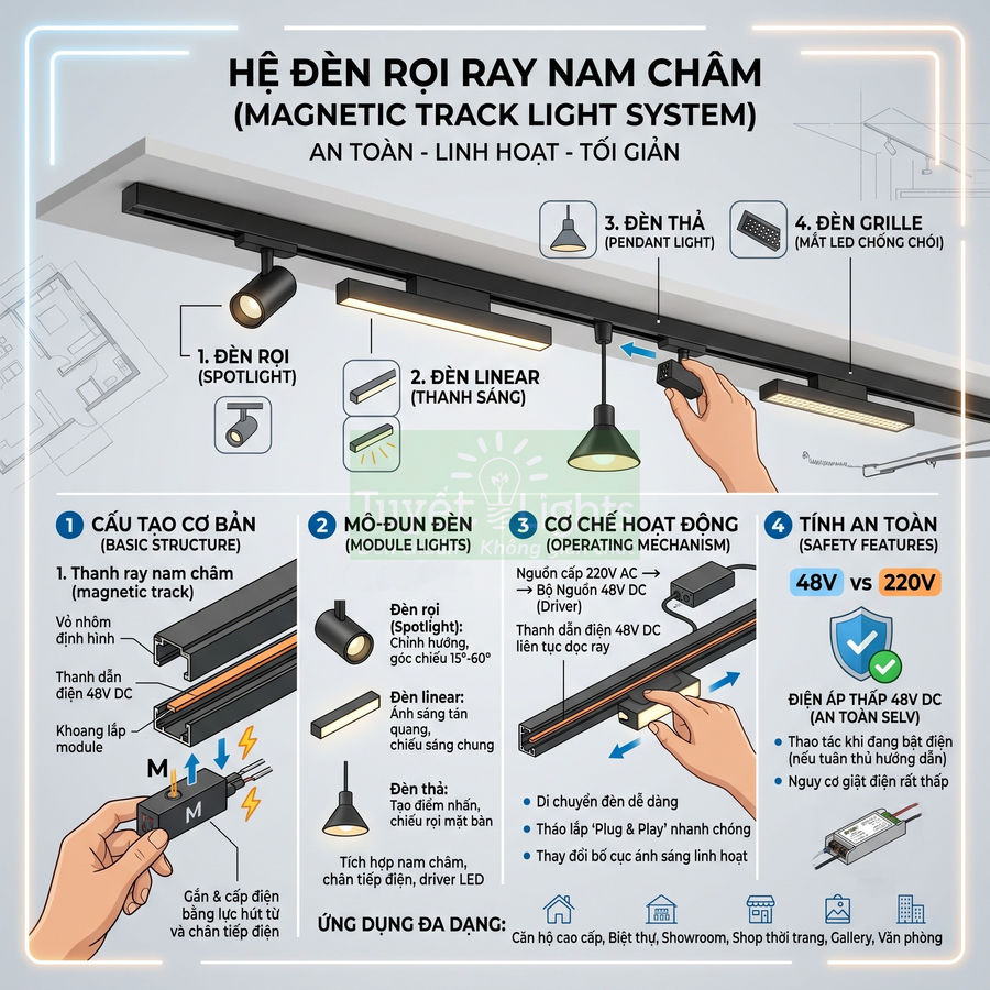 Hệ đèn rọi ray nam châm với các module đèn spotlight, linear, đèn thả và đèn grille lắp trên thanh ray trần nhà