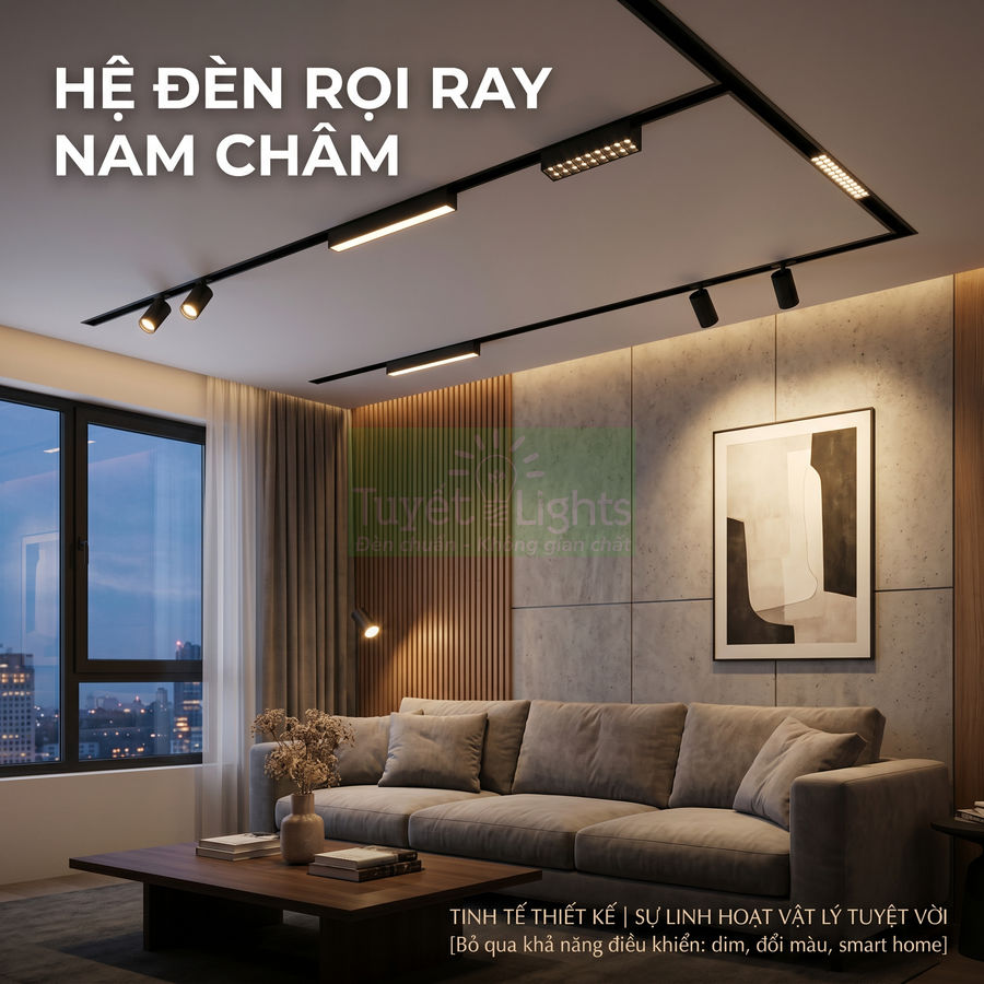 Hệ đèn rọi ray nam châm chiếu sáng phòng khách hiện đại với sofa và tranh treo tường