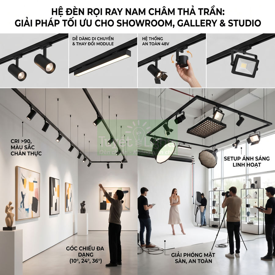 Hệ đèn rọi ray nam châm thả trần chiếu sáng showroom và studio với nhiều module linh hoạt