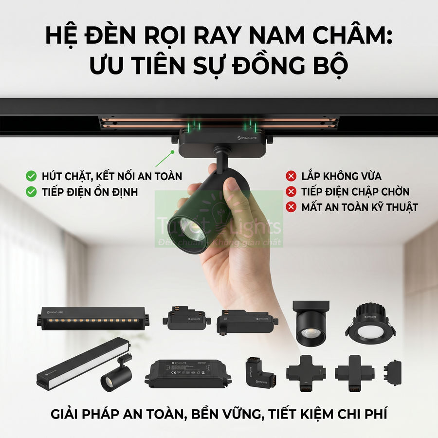 Hệ đèn rọi ray nam châm gắn trần màu đen kèm các phụ kiện kết nối và thanh ray đồng bộ