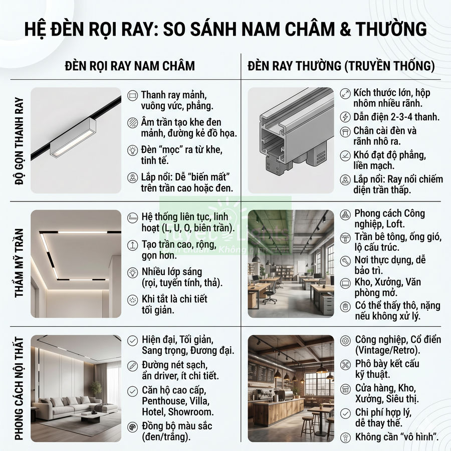Bảng so sánh hệ đèn rọi ray nam châm âm trần hiện đại với đèn ray thường phong cách công nghiệp