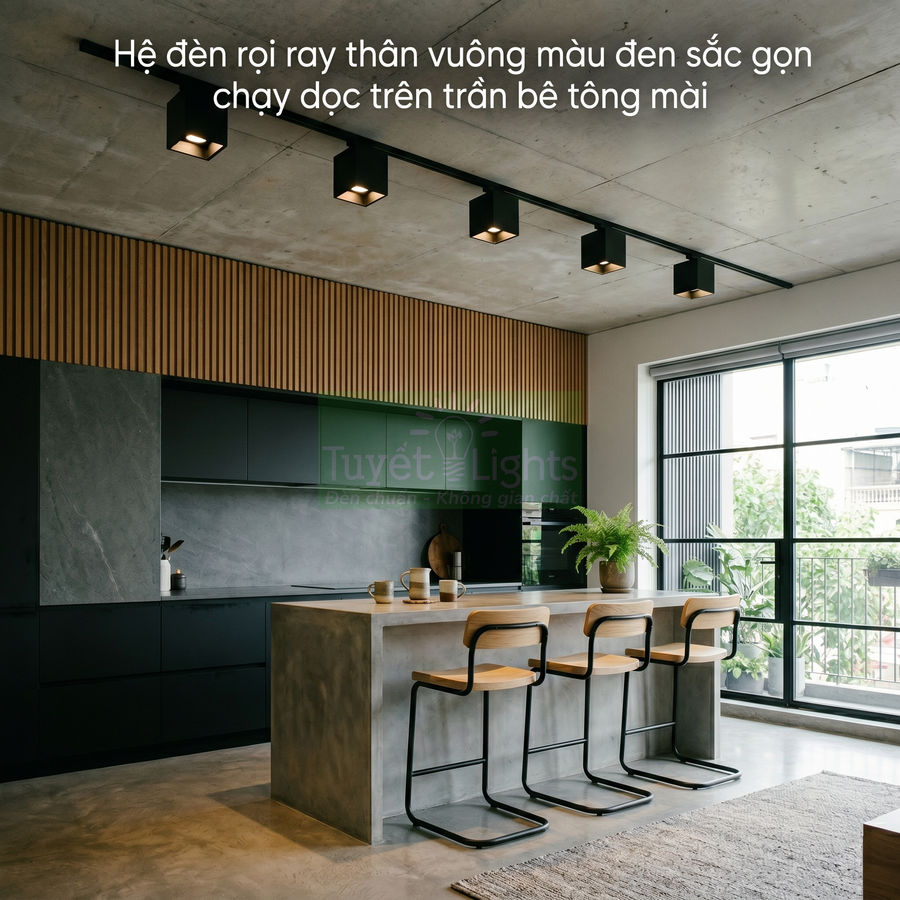Hệ đèn rọi ray thân vuông màu đen lắp trên trần bê tông chiếu sáng đảo bếp hiện đại