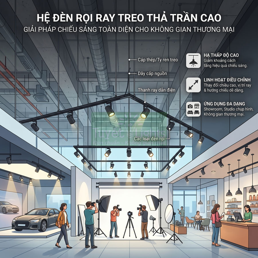 Hệ đèn rọi ray treo thả trần cao chiếu sáng showroom và studio chụp hình trong không gian thương mại hiện đại