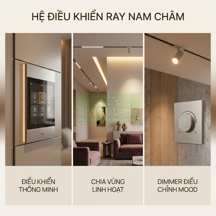 Hệ điều khiển ray nam châm Tuyết Lights với bảng điều khiển thông minh và dimmer chỉnh độ sáng phòng khách