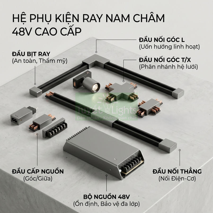 Bộ phụ kiện ray nam châm 48V cao cấp gồm ray đèn, đầu nối, đầu bịt ray và bộ nguồn trên nền đá