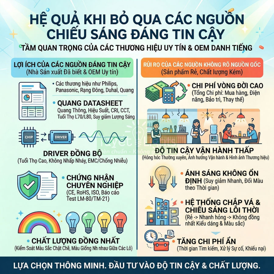 Infographic so sánh lợi ích nguồn sáng đáng tin cậy và rủi ro khi dùng đèn chiếu sáng kém chất lượng