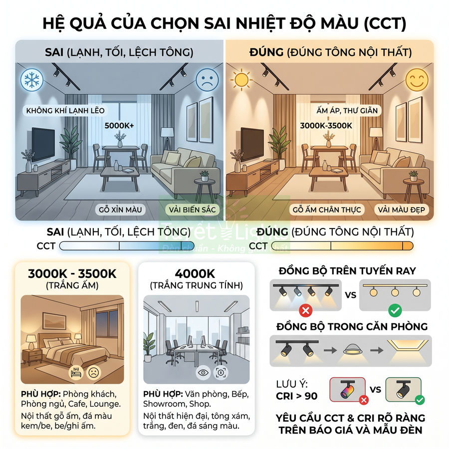 Infographic hướng dẫn chọn nhiệt độ màu đèn LED 3000K 3500K 4000K phù hợp không gian nội thất