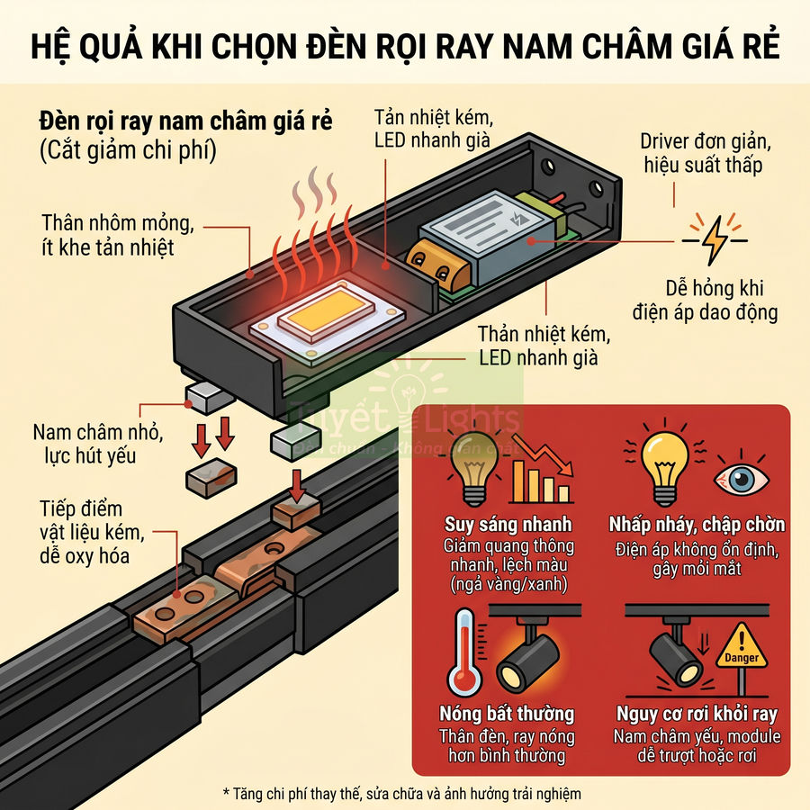 Cấu tạo đèn rọi ray nam châm giá rẻ với thân nhôm mỏng, tản nhiệt kém và nam châm nhỏ dễ rơi khỏi ray