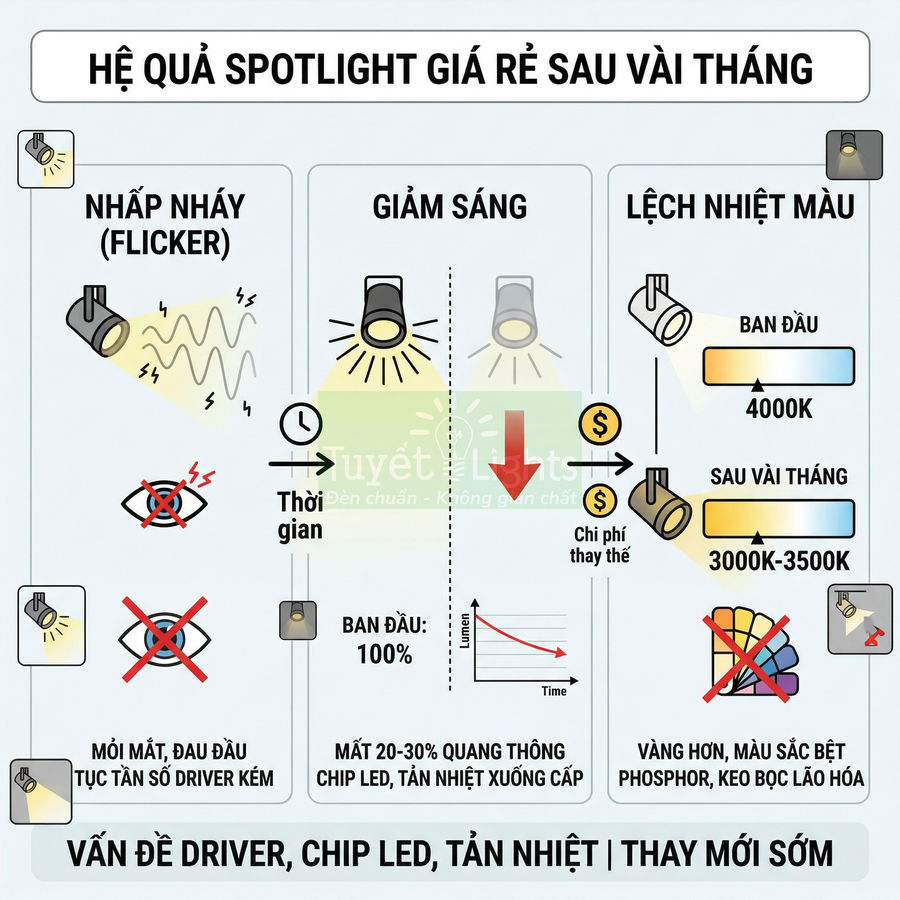Infographic cảnh báo nhược điểm đèn spotlight giá rẻ như nhấp nháy, giảm sáng, lệch nhiệt màu và phải thay mới sớm