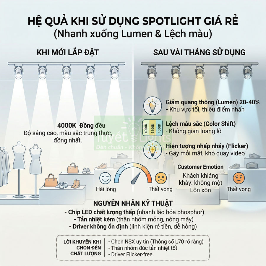 Infographic so sánh hiệu quả đèn spotlight giá rẻ trước và sau vài tháng sử dụng trong cửa hàng thời trang